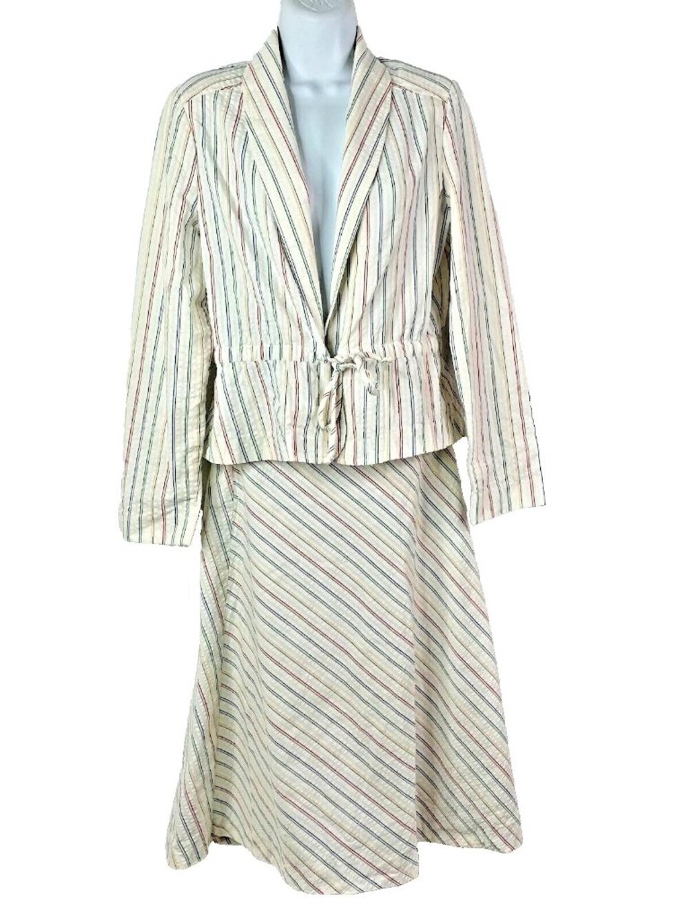 Vintage 70s MJ Seersucker Jacket Wrap Skirt Set Size M White Multicolor Striped